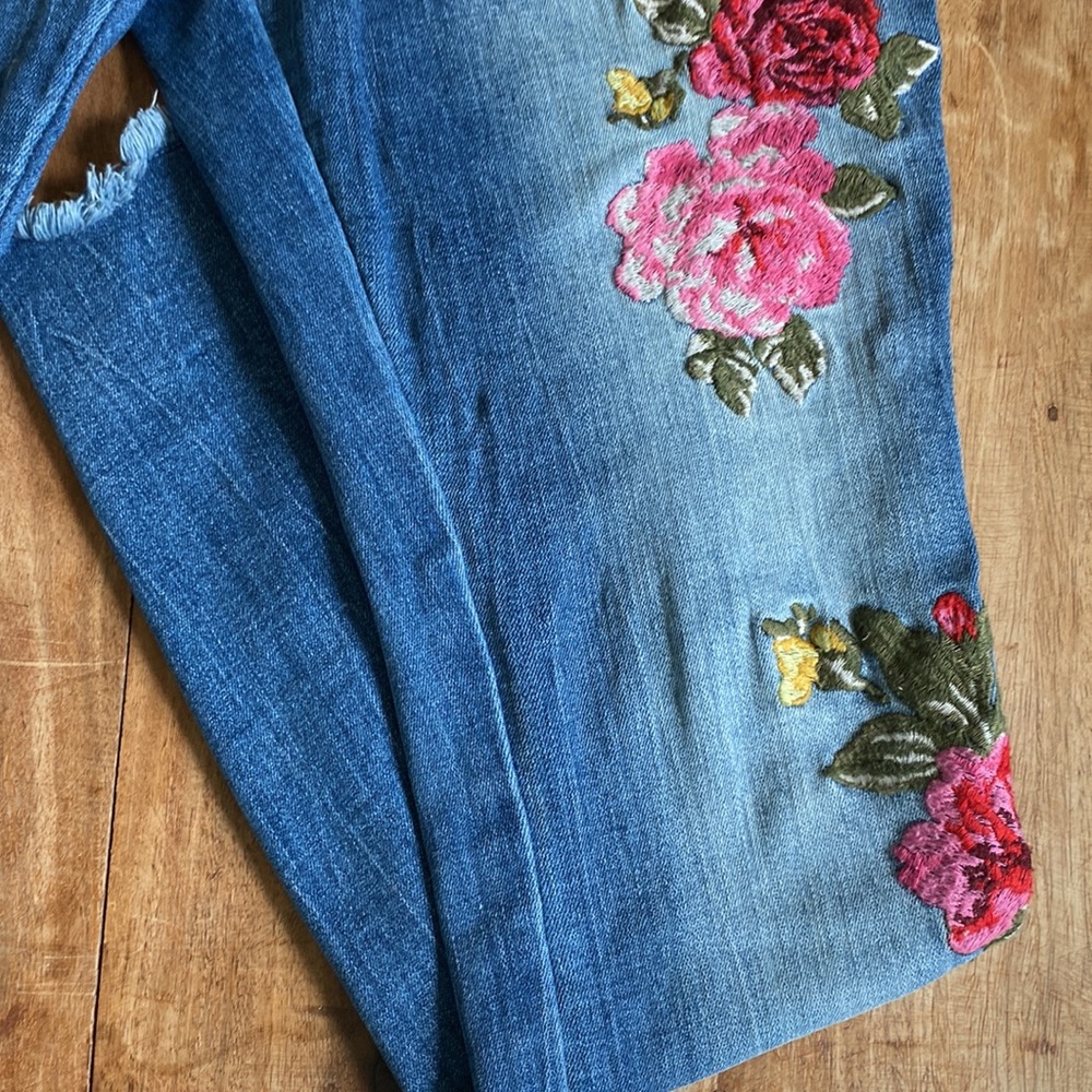 INC International Concepts Blue Skinny Jeans with Red & Pink Floral Embroidery - Picture 5 of 16